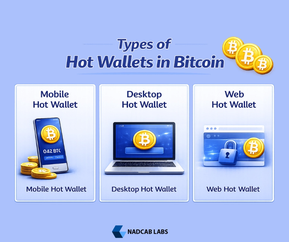Types of hot wallet in Bitcoin including mobile hot wallet, desktop hot wallet, and web hot wallet