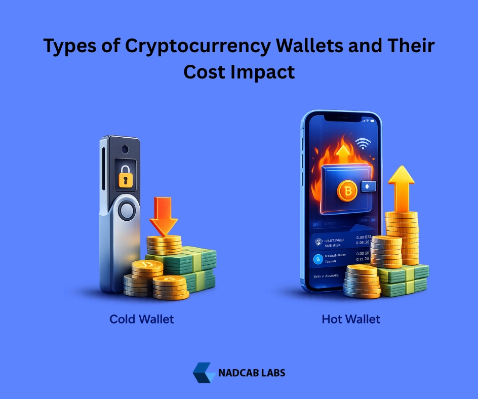 Types of cryptocurrency wallets showing cost impact with 3D hot wallet and cold wallet comparison illustrating development complexity and budget differences. 