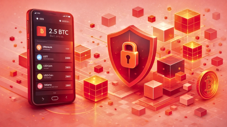 Abstract illustration of a white-label crypto wallet app showing secure digital wallets, blockchain networks, and modern Web3 infrastructure