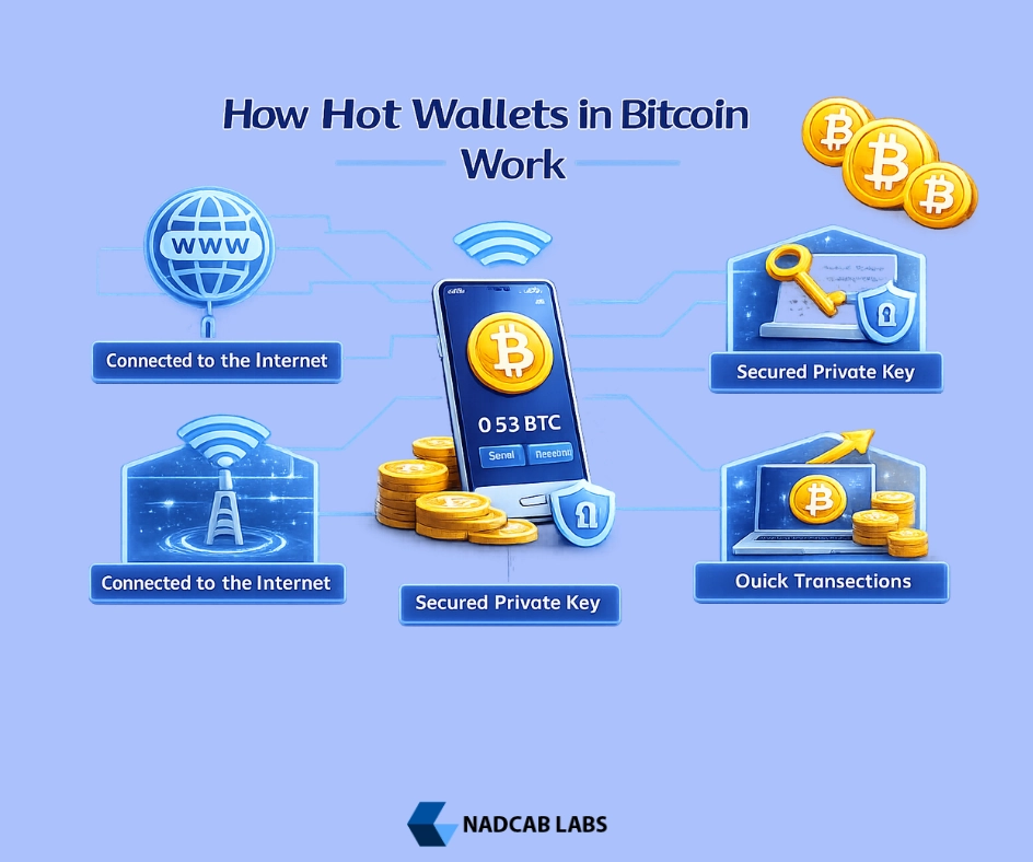 Diagram explaining how a Bitcoin hot wallet works, showing internet connection, private key security, and fast transaction process