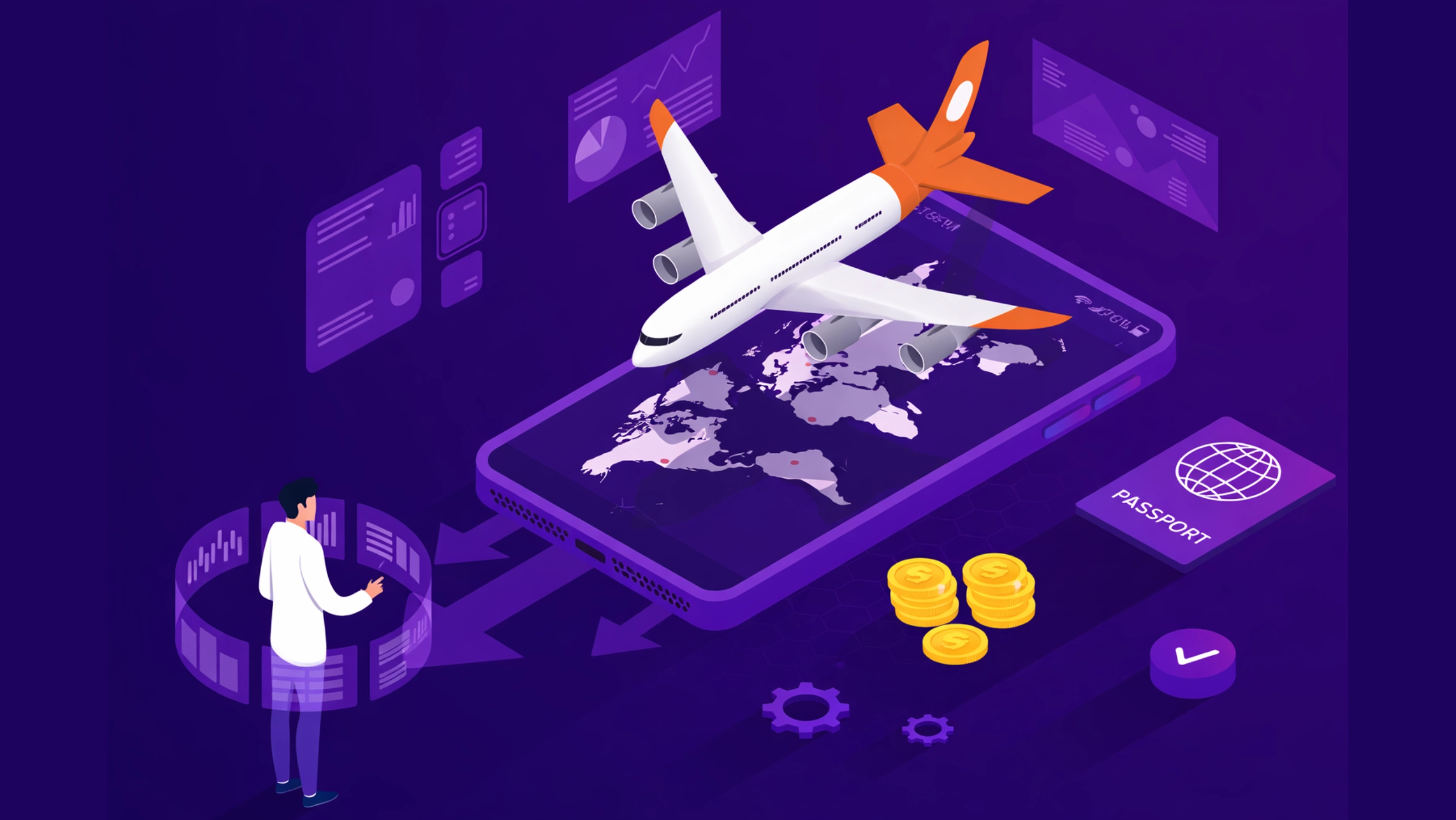 Blockchain travel technology infrastructure showing airline distribution smart contracts hotel inventory synchronization and tourism platform integration systems
