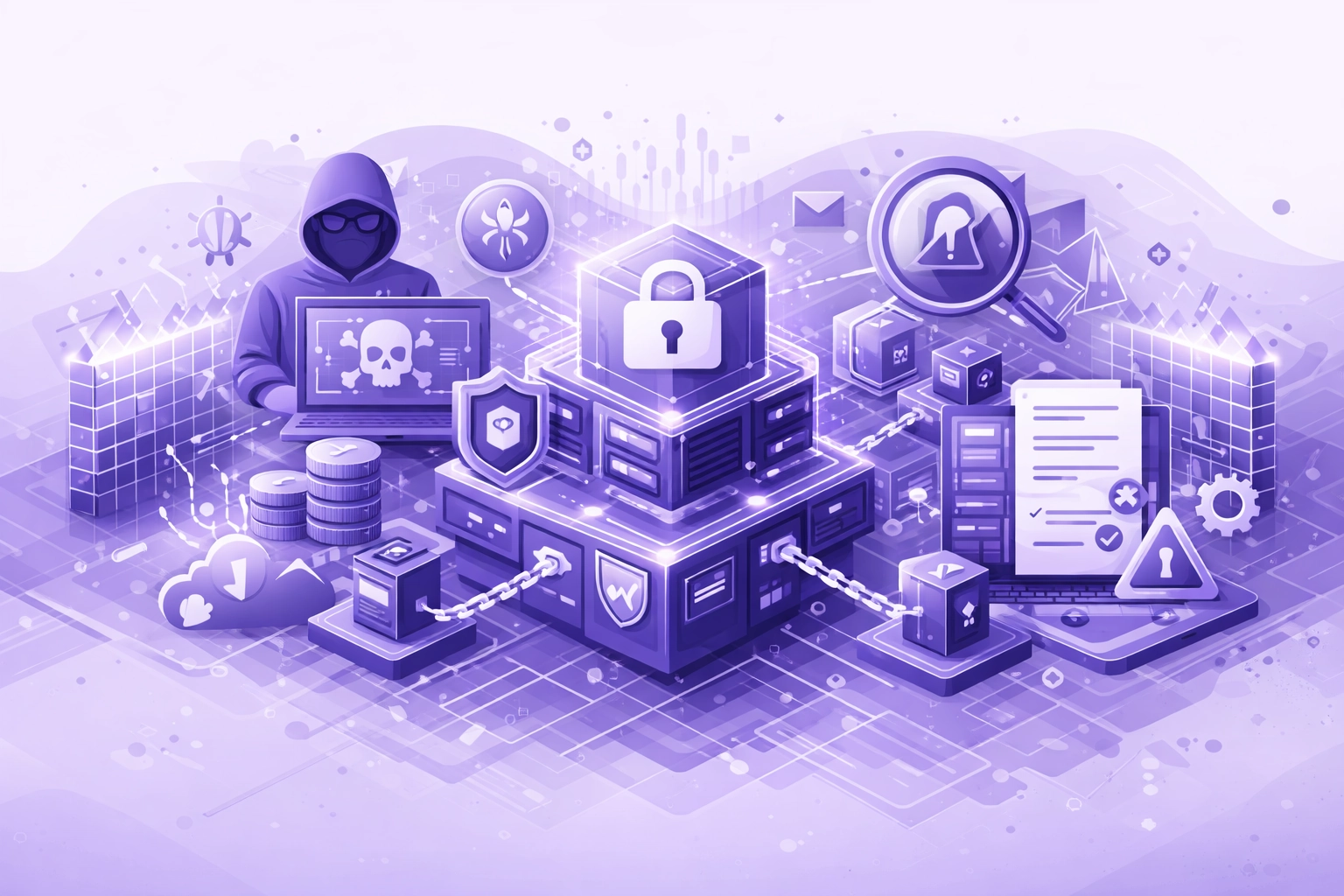 Security threat models for Enterprise Blockchain Applications illustrating consensus attacks, smart contract vulnerabilities, and key management protection strategies