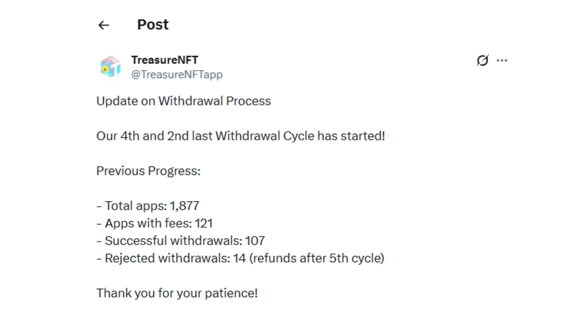 Treasure NFT Withdrawal Data