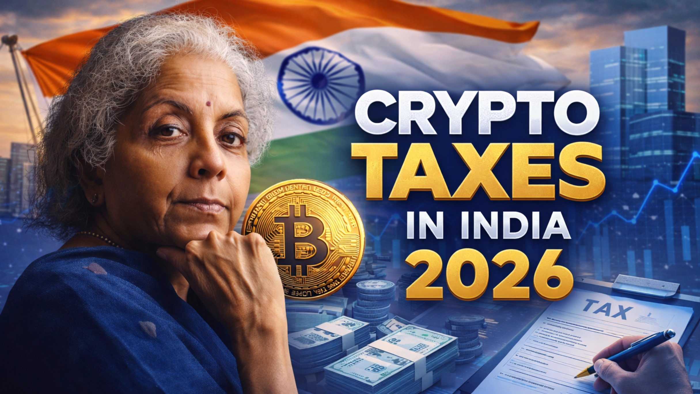 Crypto taxes in India dashboard showing 30 percent capital gains rate and 1 percent TDS deduction mechanism breakdown