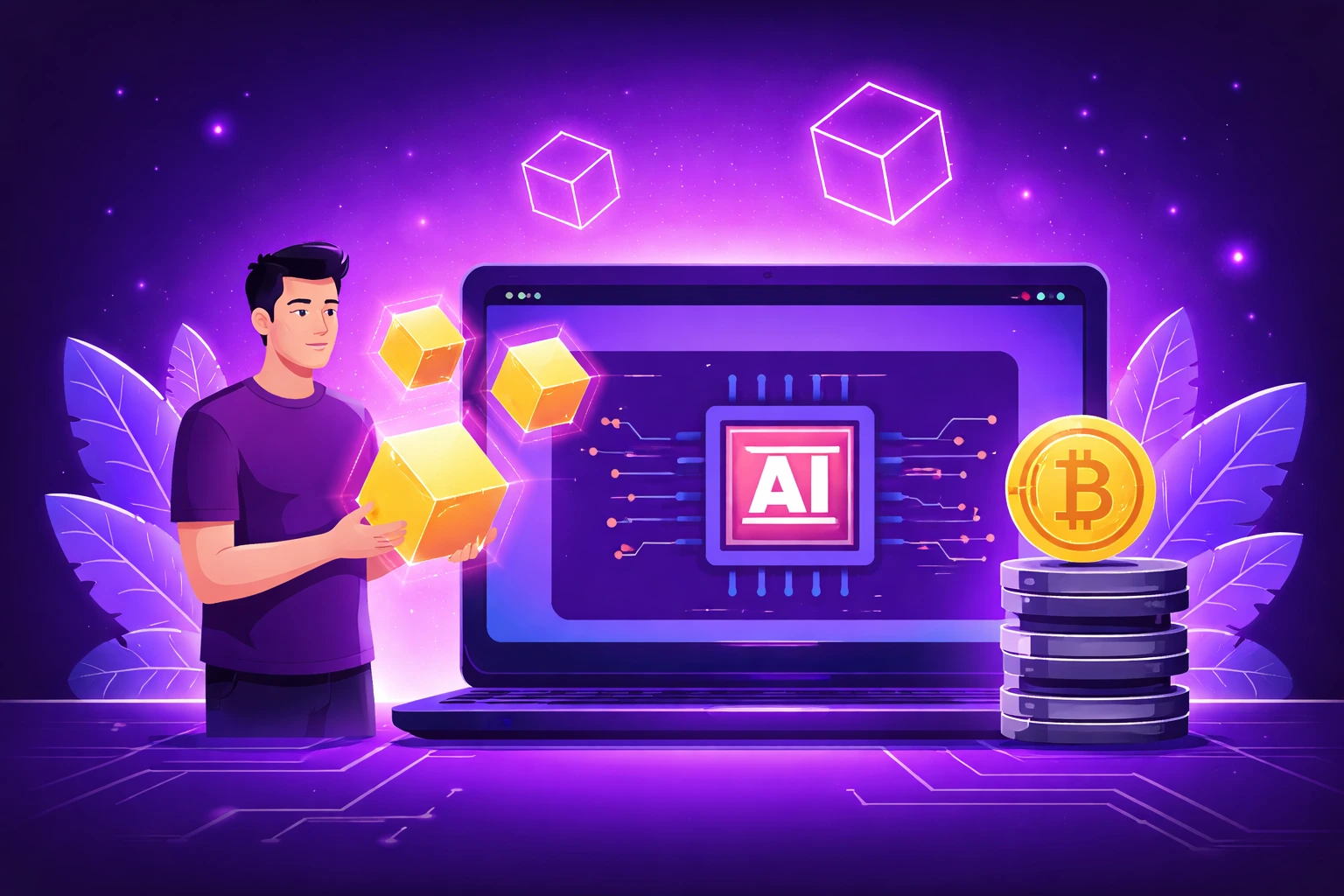 AI’s role in blockchain showcasing smart automation, enhanced security, and data-driven decentralized technology solutions