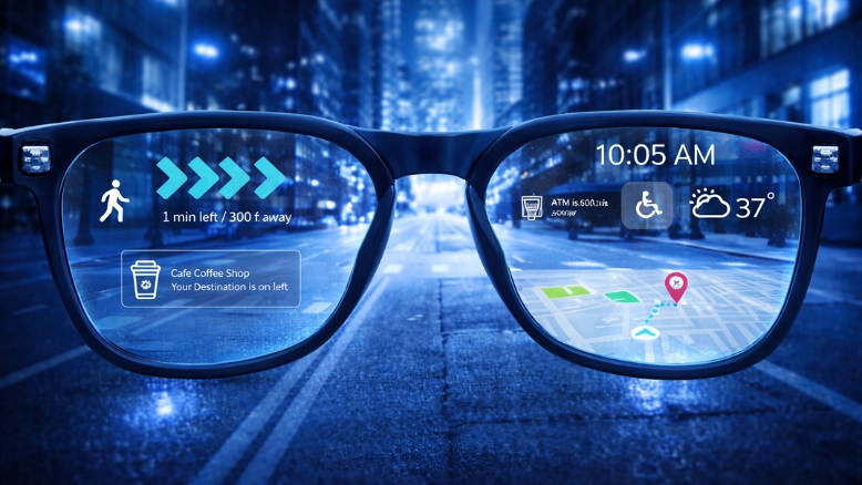 AR glasses worn by Gen Z user showing augmented reality overlay replacing smartphone screen in 2026