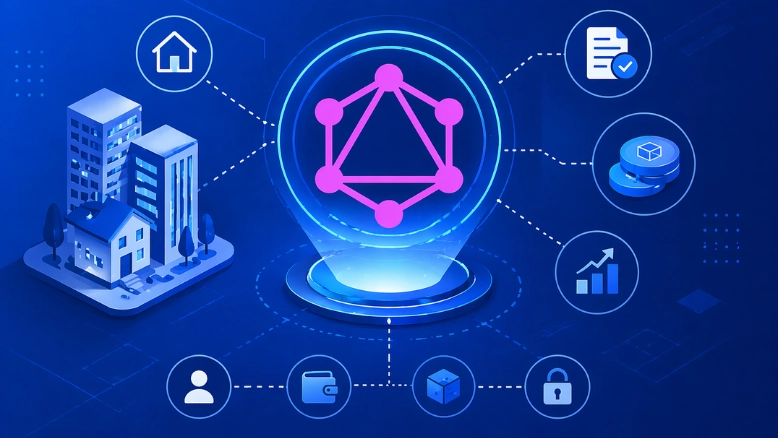 GraphQL API architecture diagram showing how real estate tokenization platforms fetch property token data for investors
