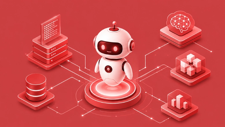 AI chatbot architecture banner showing a central bot linked to data, analytics, and AI systems.