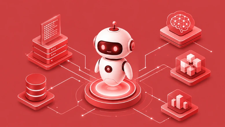 AI chatbot architecture banner showing a central bot linked to data, analytics, and AI systems.