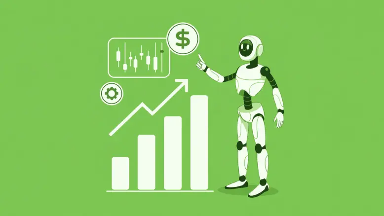 AI Chatbot Market Size growth illustrated by a robot pointing at a rising bar graph.