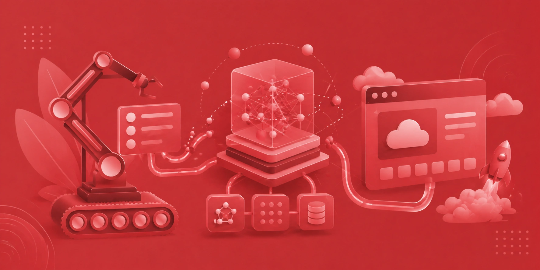 Red-themed banner showing generative AI architecture from model development to deployment workflow.