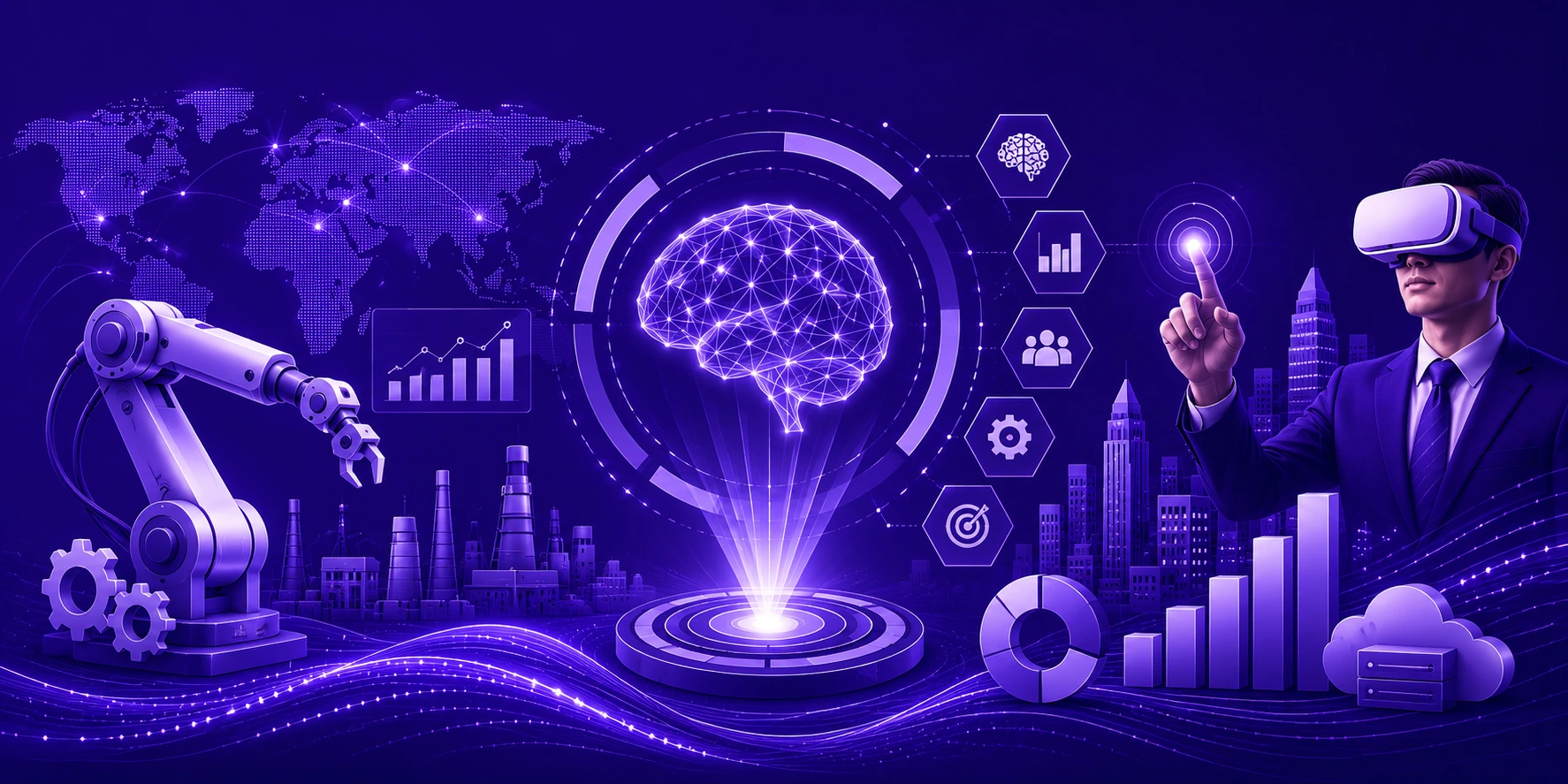 l illustration showing generative AI industry trends transforming modern businesses through AI automation, enterprise technology, data analytics, and smart industrial innovation in 2026.