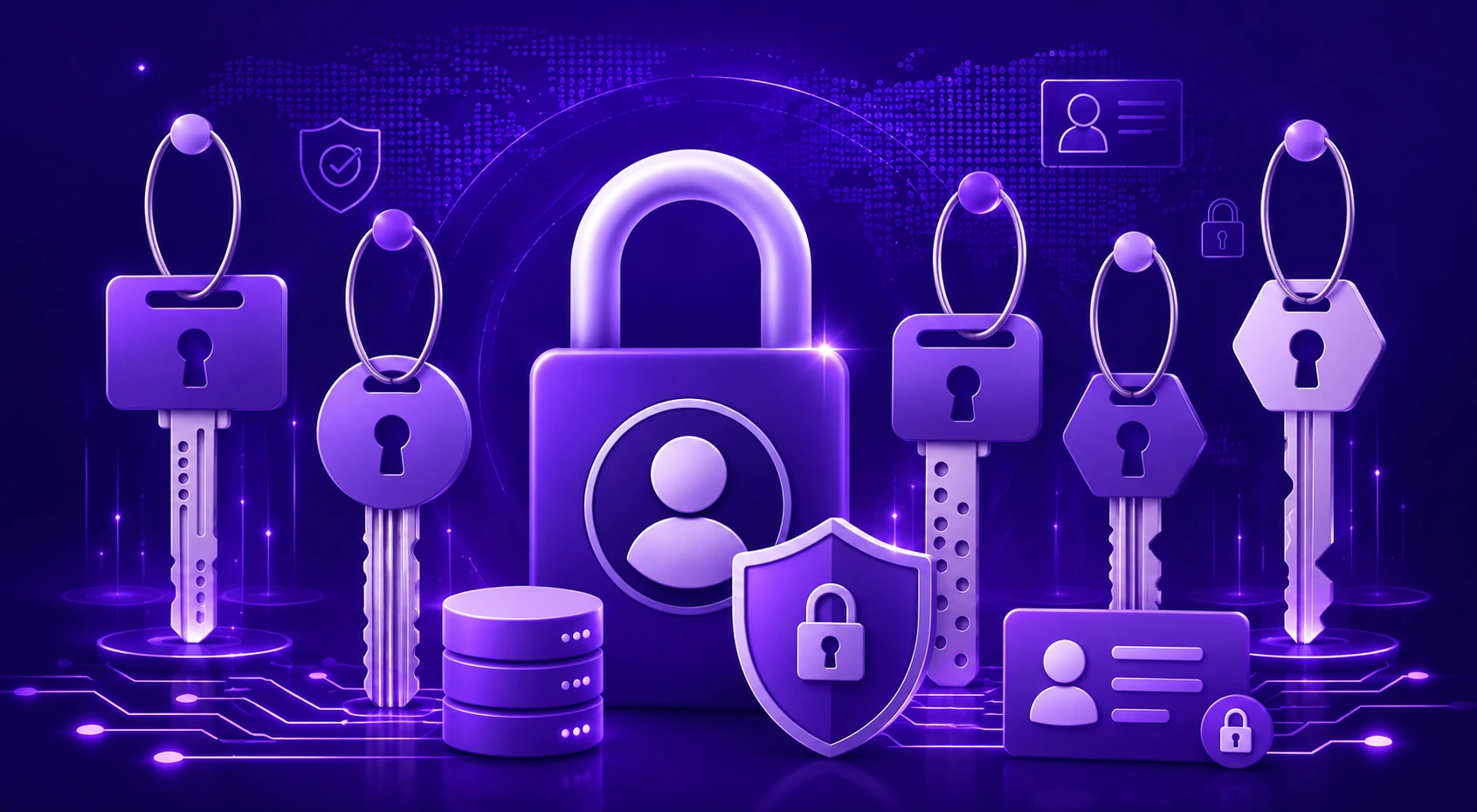 Futuristic cybersecurity illustration showing Generative AI risks in customer data protection with secure digital keys privacy systems and enterprise security network visuals