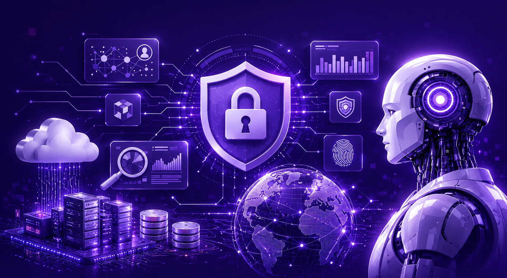 Modern illustration showing Generative AI risks in enterprise systems with AI security data protection and cloud technology visuals on a futuristic purple background