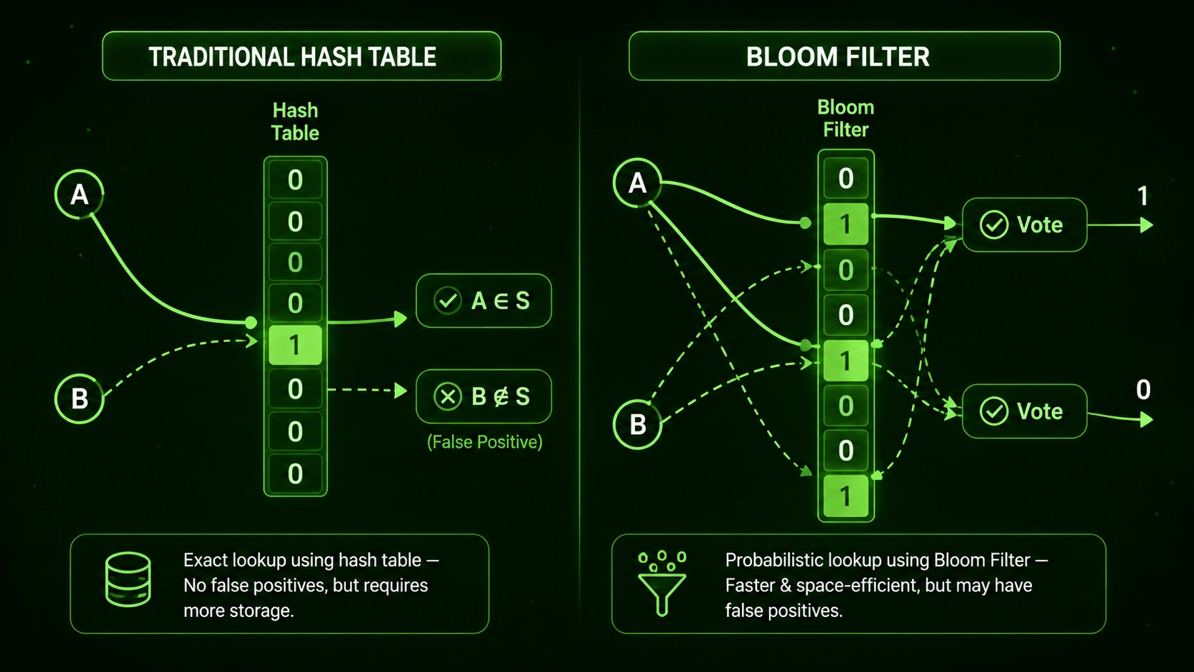Comparison of Bloom filter vs hash table in blockchain showing memory usage speed and false positive trade offs