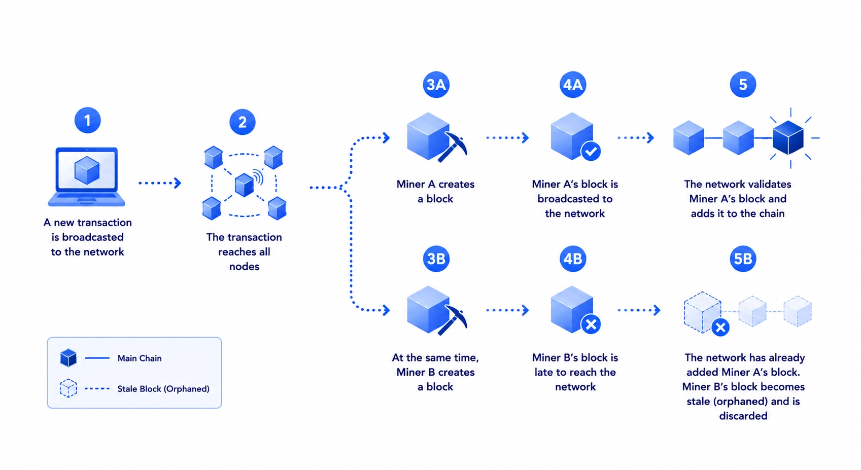 How stale blocks are created in proof of work blockchains through network propagation delay and simultaneous block discovery