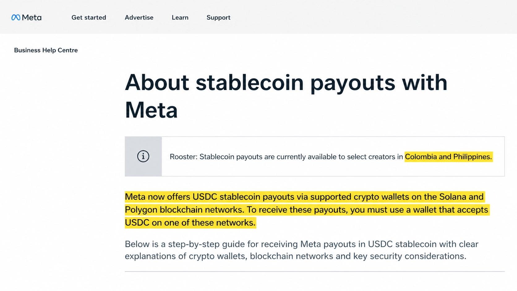 Meta USDC Creator Payments roadmap showing global scaling from pilot regions to worldwide adoption