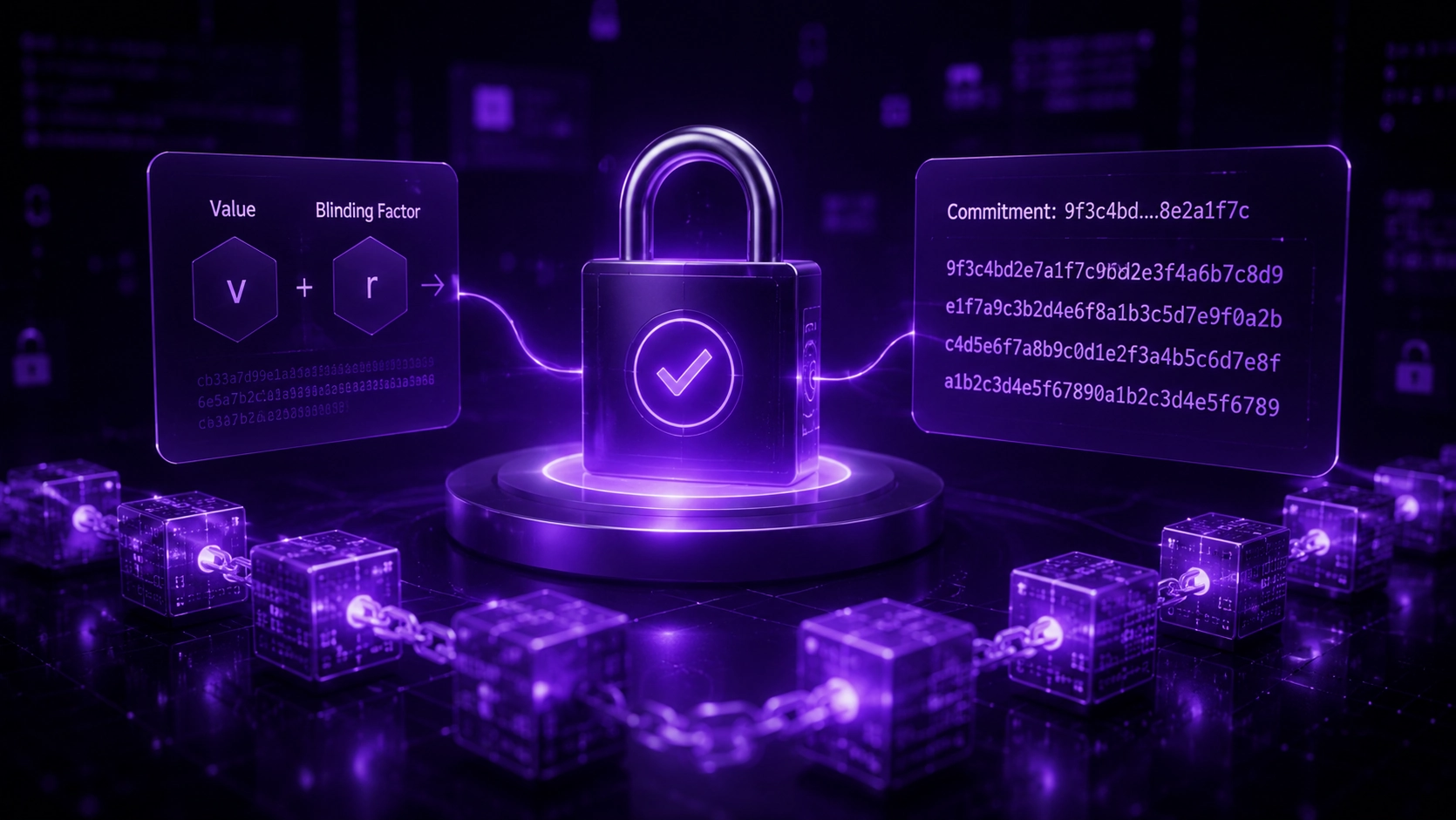 What is a Pedersen Commitment in blockchain showing how cryptographic commitment schemes hide and bind data securely