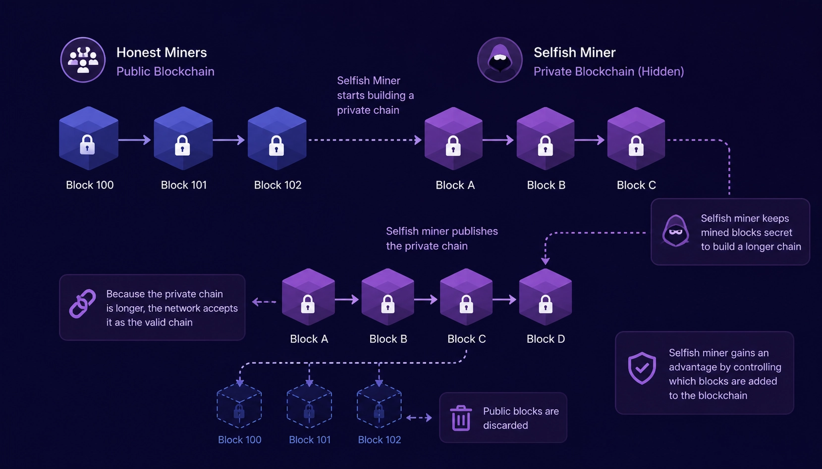 How selfish mining attack works step by step showing private chain strategy and block release timing against the honest network