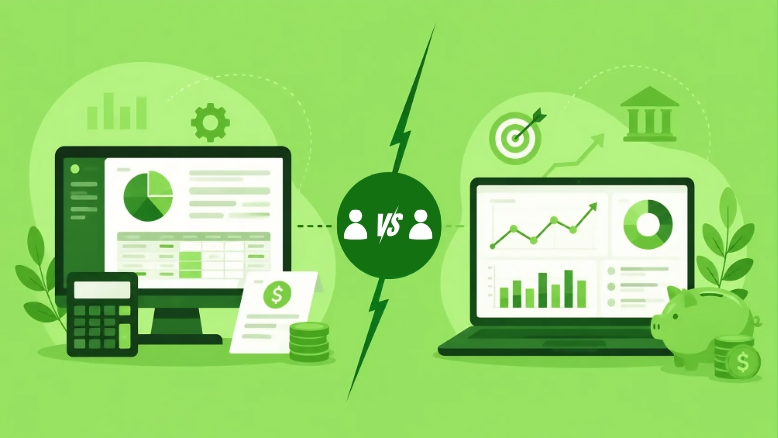 Green vector illustration comparing accounting tools with financial management software visuals icon
