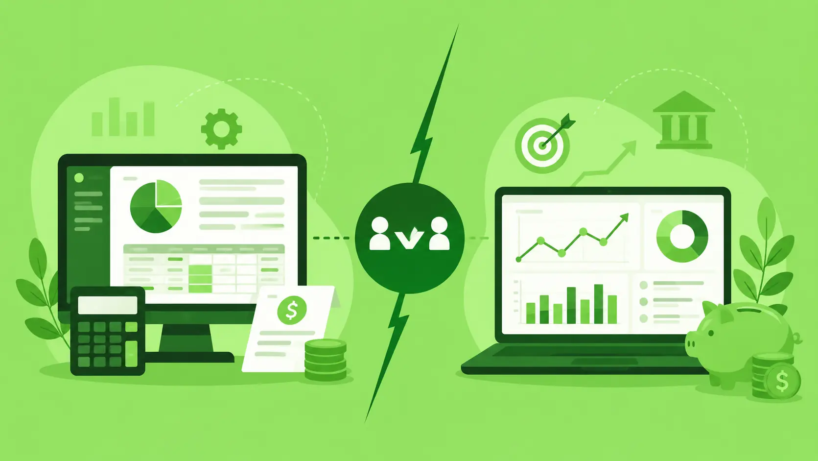 Green vector illustration comparing accounting tools with financial management software visuals icon