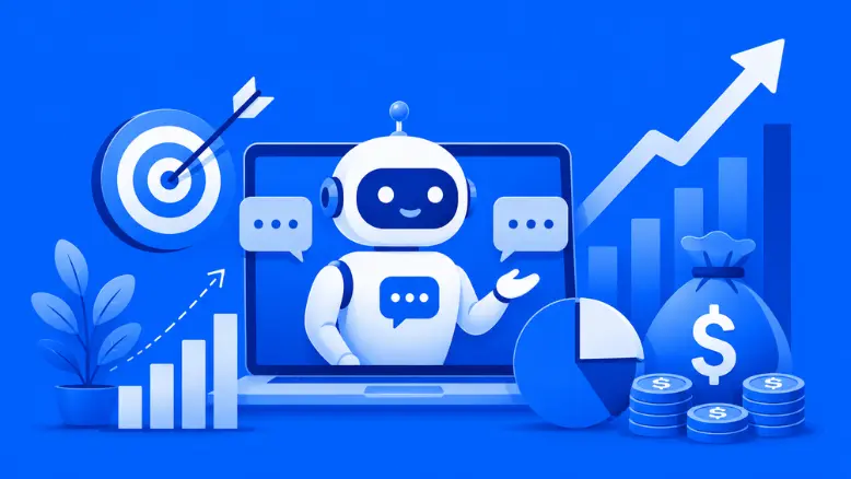 Smart dashboard robot illustration showing ai chatbot pricing strategy, growth metrics, and ROI gains.