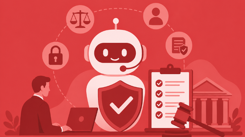 Minimal red vector banner showing AI chatbot regulations concept with bot, shield, and compliance icons.
