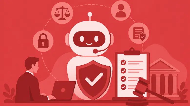 Minimal red vector banner showing AI chatbot regulations concept with bot, shield, and compliance icons.