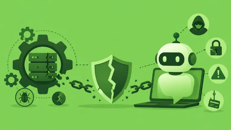 Green vector banner showing system failure linking to ai chatbot security risks shield breach robots.