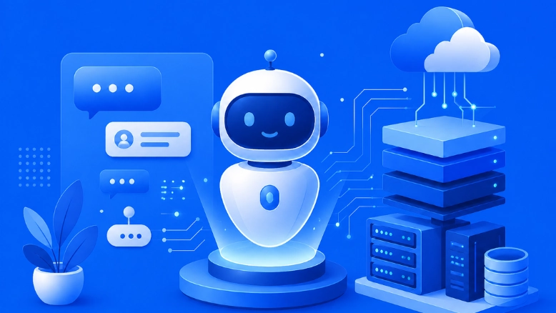 Blue themed illustration of a friendly robot showing ai chatbot technology with cloud and data elements.