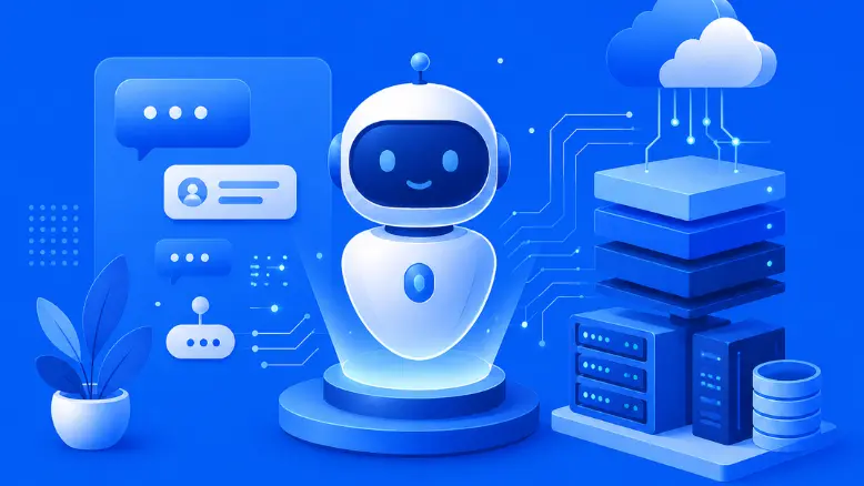 Blue themed illustration of a friendly robot showing ai chatbot technology with cloud and data elements.