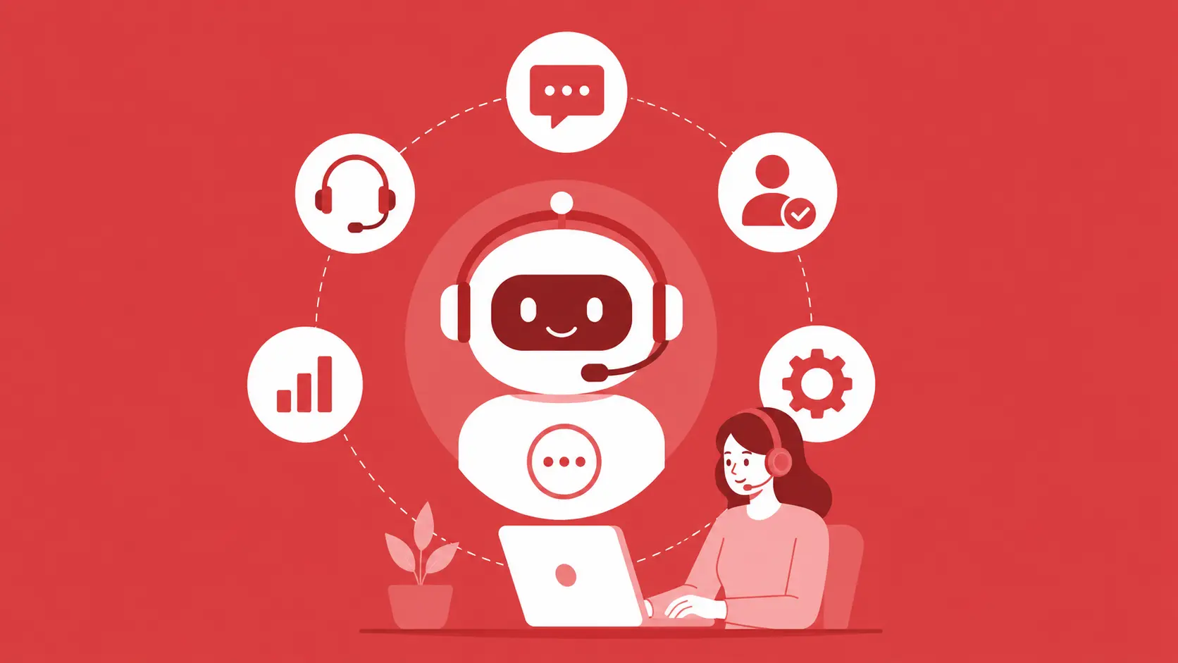 AI chatbot use cases in customer service shown with virtual assistant and support icons dashboard UI