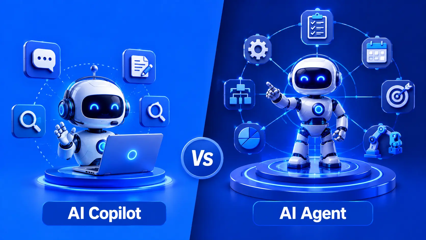 AI Copilot vs AI Agent comparison diagram showing key differences in task handling and autonomy
