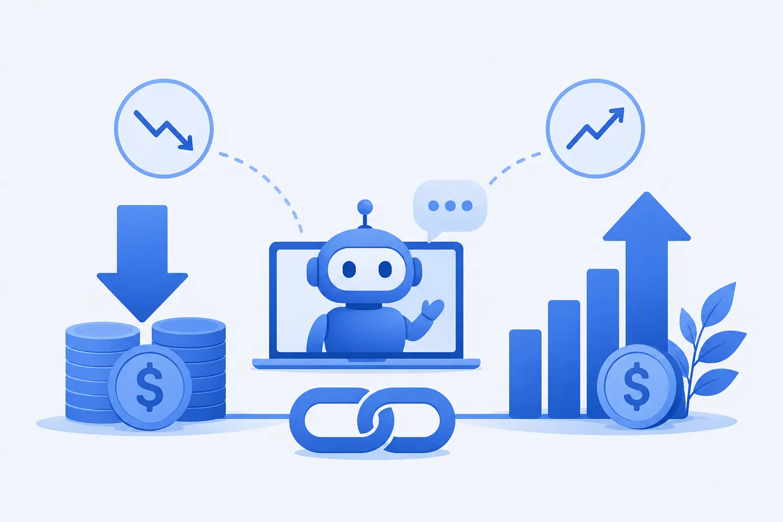 AI chatbot pricing concept showing how chatbot investment reduces support costs and improves ROI growth visually.