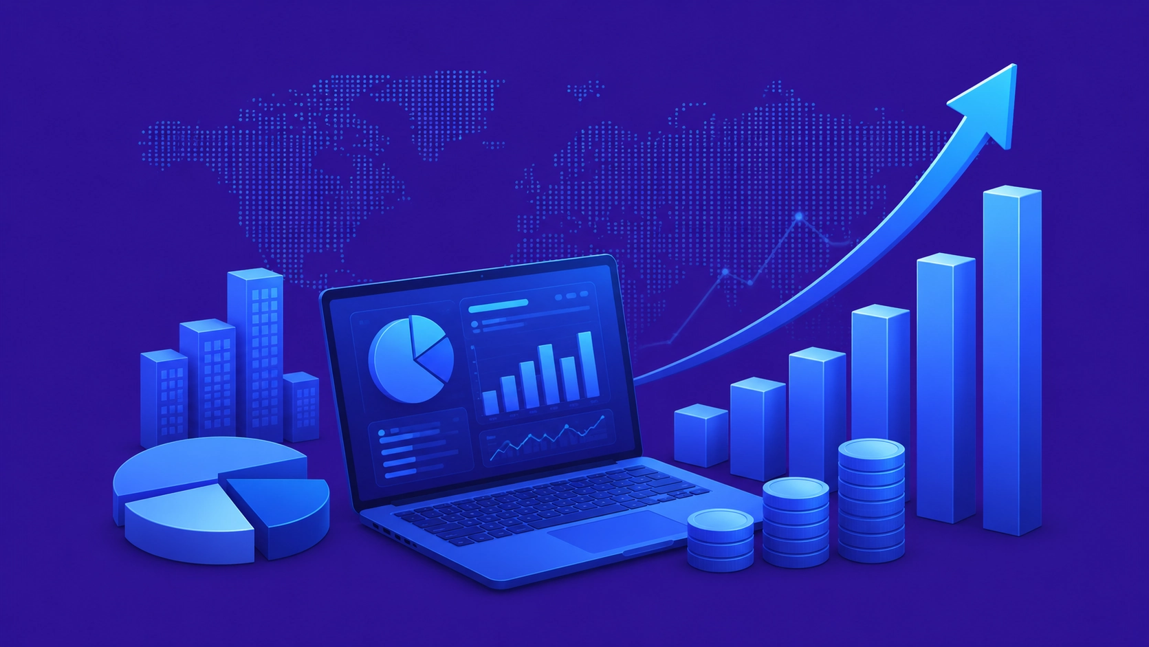 Financial software market illustration with analytics dashboard, growth charts, digital finance data trends.