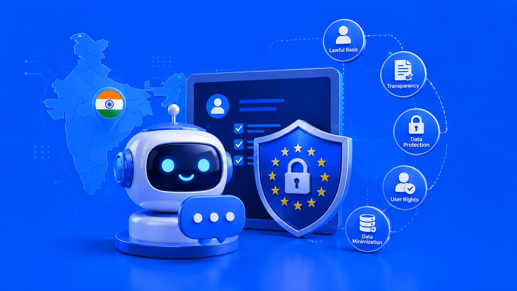 GDPR compliance in India and AI chatbot privacy concept for Indian businesses with secure user data visuals