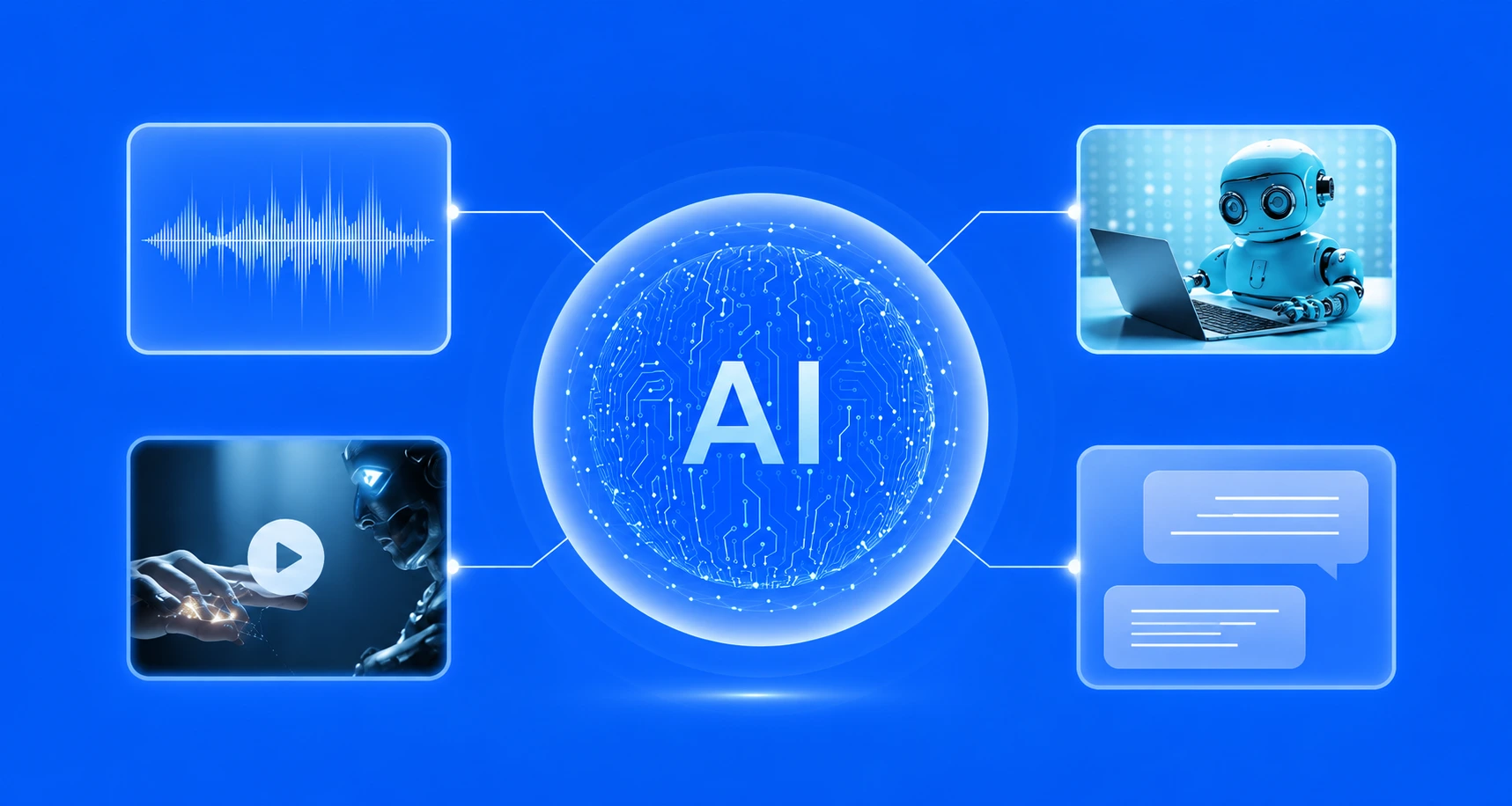 representation of generative AI explained through smart tools that create audio, video, images, and text using advanced AI technology.