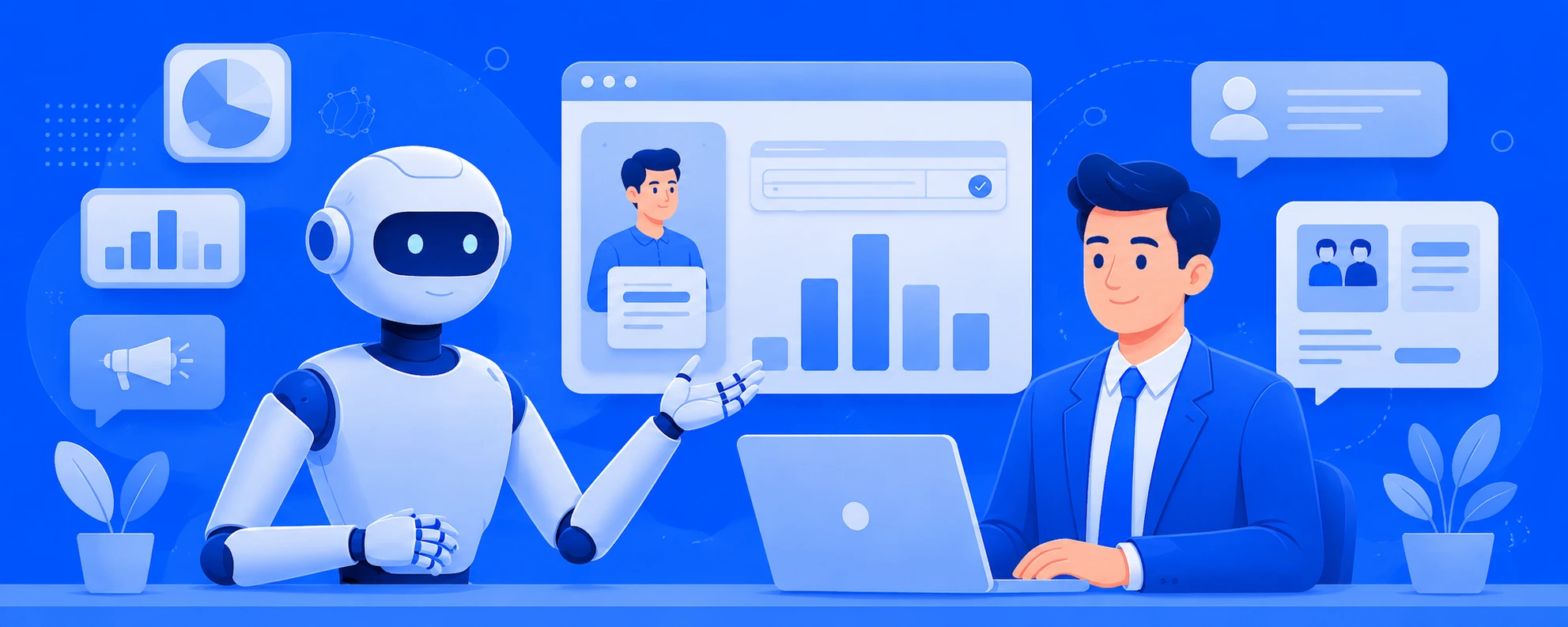 Generative AI explained through an AI assistant and business user working with smart digital technology and automation tools.
