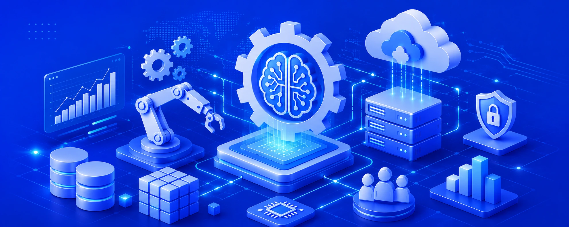 Futuristic illustration of generative AI infrastructure featuring cloud computing servers AI automation scalable data systems secure network architecture and modern AI platform engineering in a blue digital environment