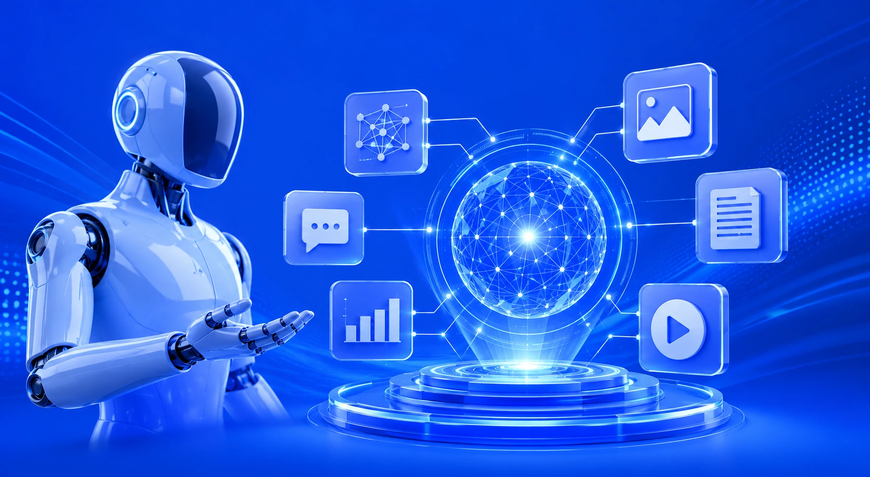 Futuristic AI powered interface and humanoid robot illustrating Generative AI System Design for beginners with smart automation cloud applications and modern enterprise technology concepts