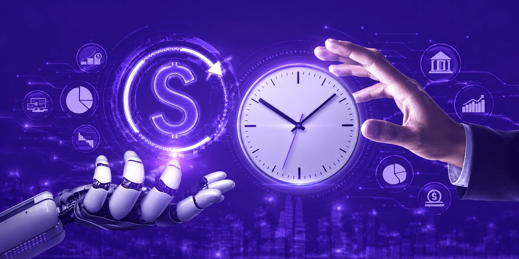 illustration showing the generative AI industry improving business productivity through AI automation, smart financial systems, time management, and digital innovation.