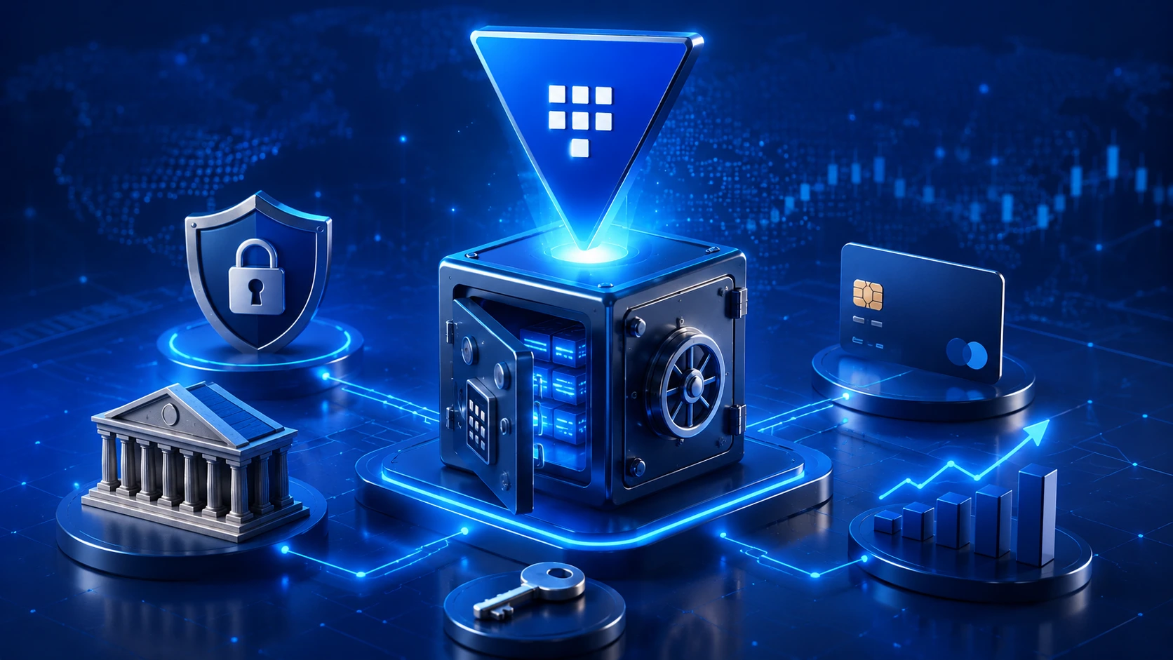 Realistic HashiCorp Vault cybersecurity illustration for secure financial software systems in blue theme