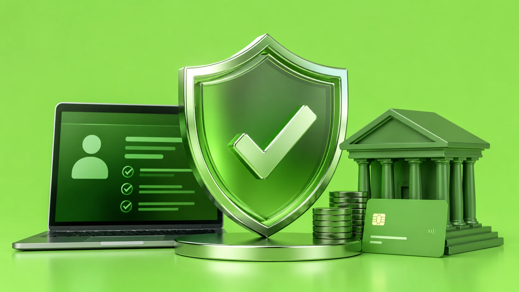 Shiny green fintech shield with verified banking items showing know your customer compliance secures.