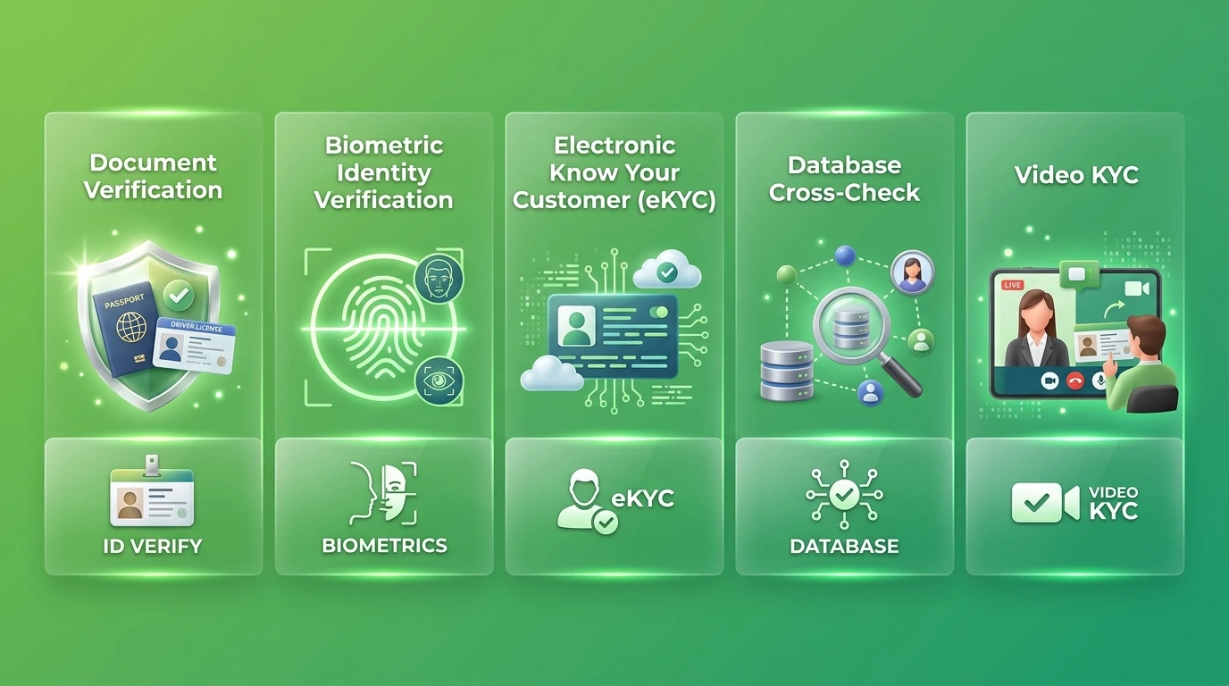 Know your customer verification methods including document checks, biometrics, eKYC, database review.