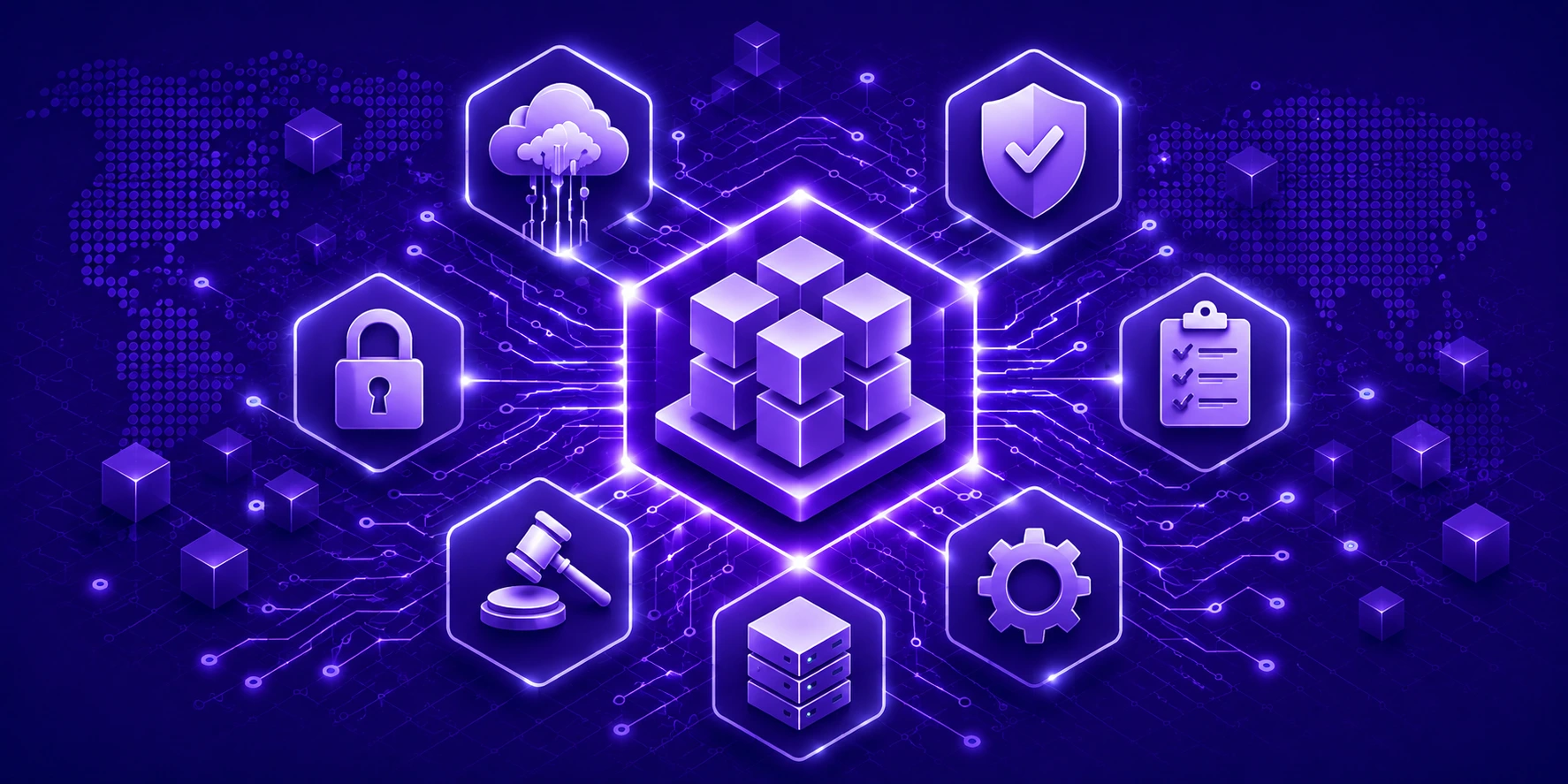 Futuristic illustration of a secure Microservices Compliance Framework with cloud security, governance, and connected digital systems.