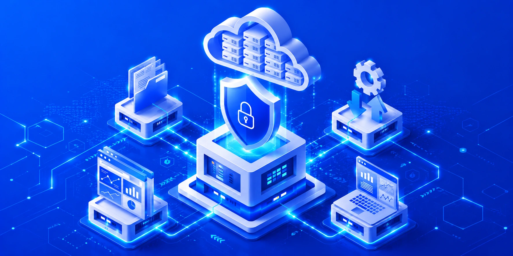 Cloud-native platform illustration featuring secure server networks and microservices security for scalable digital infrastructure.