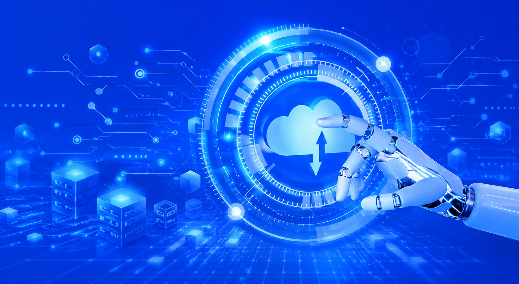 Futuristic generative AI infrastructure with cloud computing AI automation and scalable digital platform engineering on a modern blue tech background