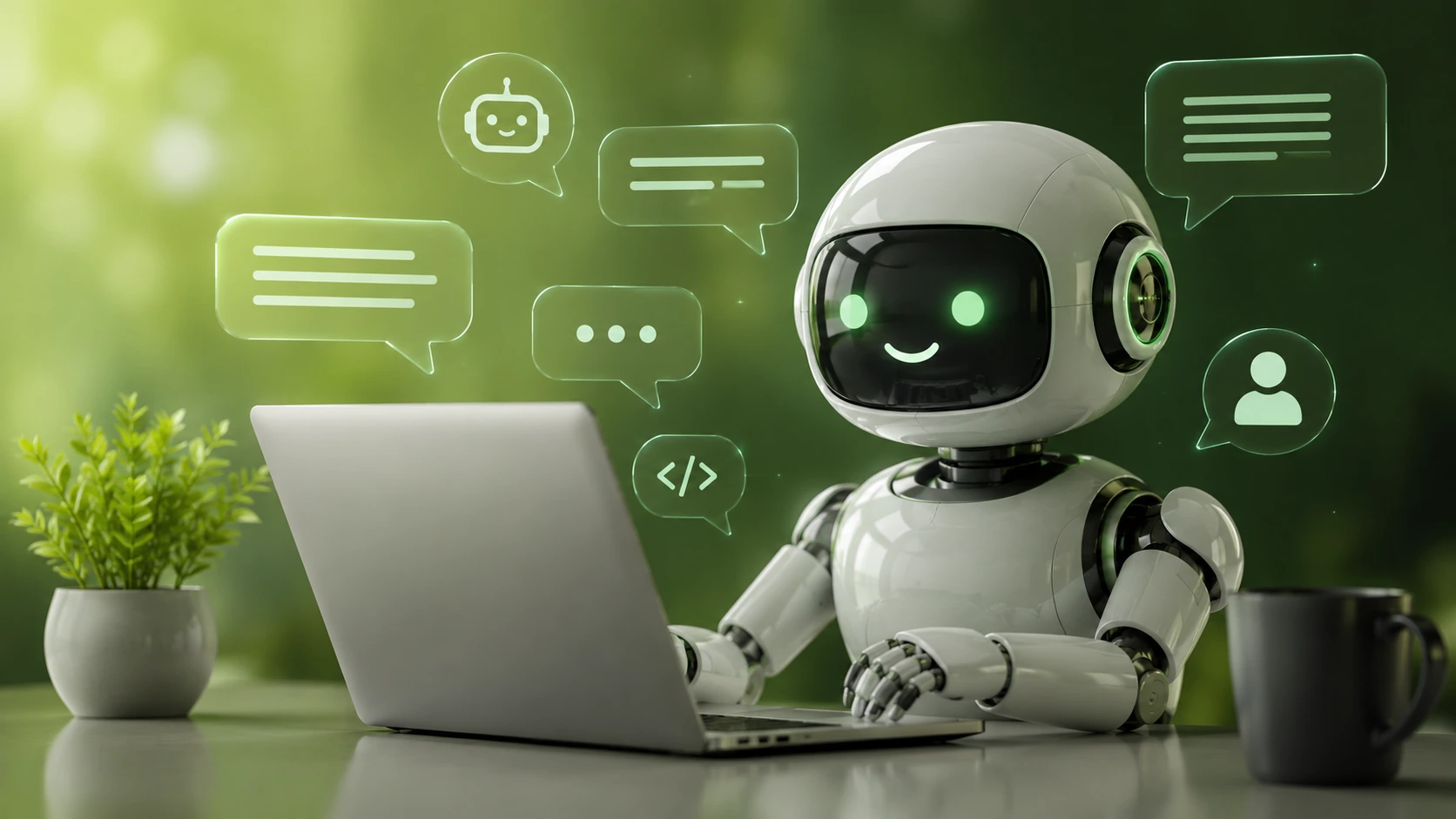 AI chatbot using natural language generation on laptop with glowing green interface