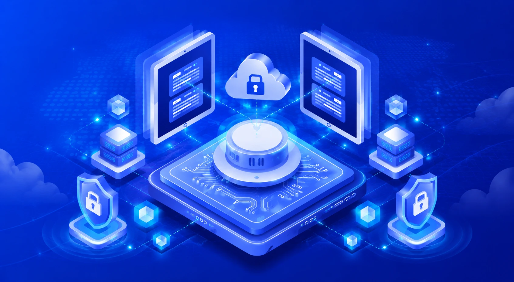Advanced cloud-native infrastructure illustration highlighting microservices security with interconnected systems, secure data flow, and scalable digital platforms.