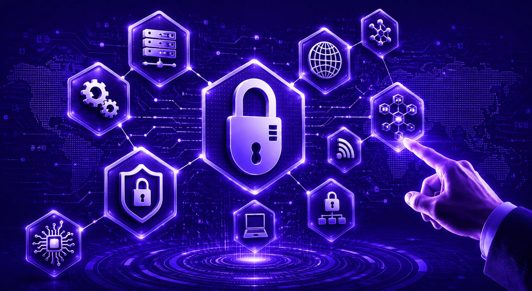 Futuristic cybersecurity illustration showing a secure Microservices Compliance Framework with connected cloud systems, data protection, and digital governance controls.